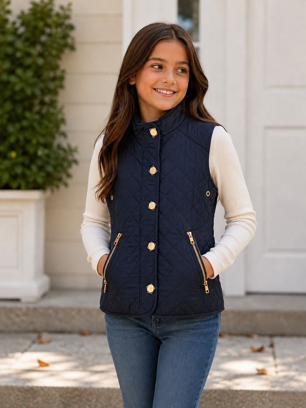 ZARA Girls Navy Blue Quilted Vest Gold Hardware Size 9/10